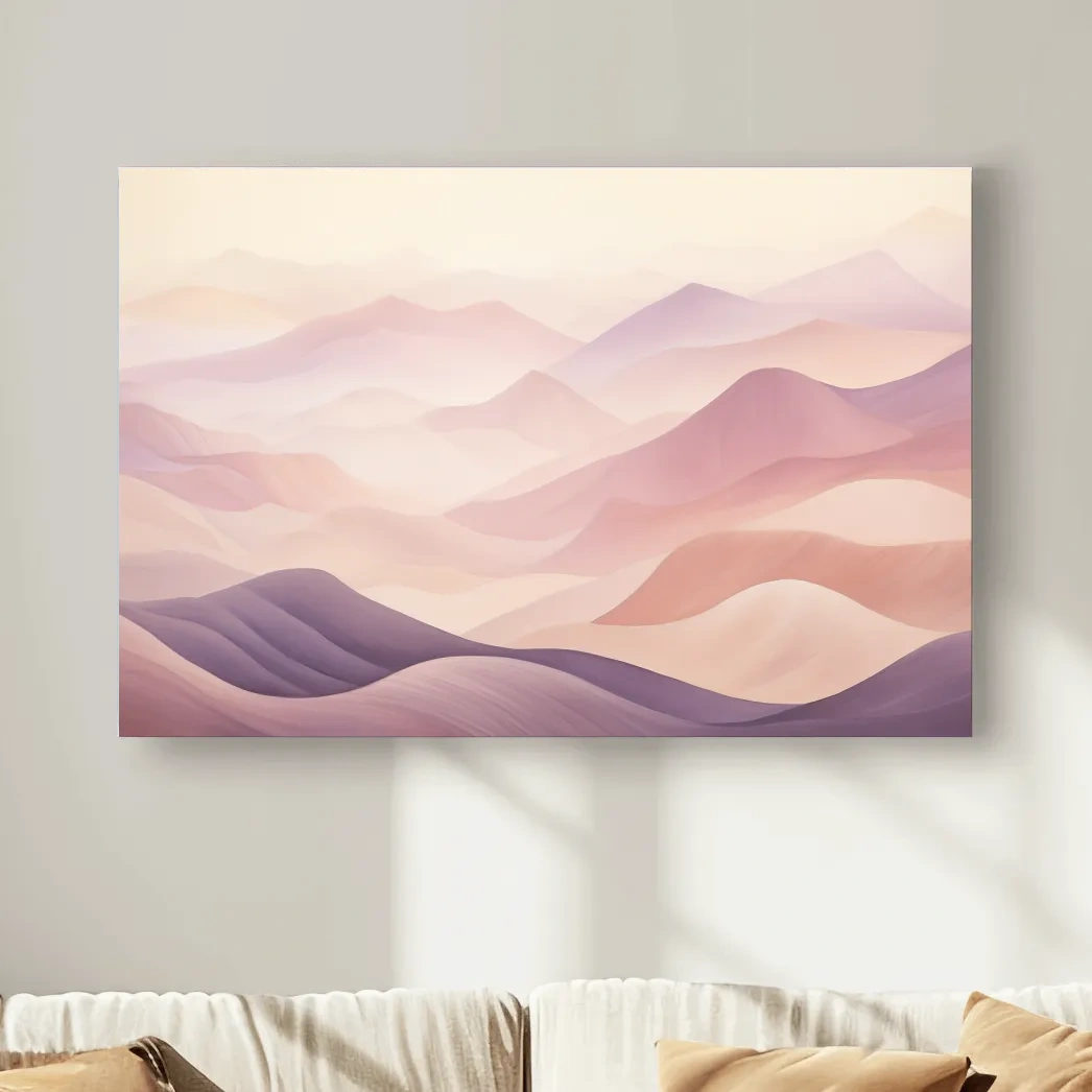 Soft and subtle purple pastel mountains in the fog artwork