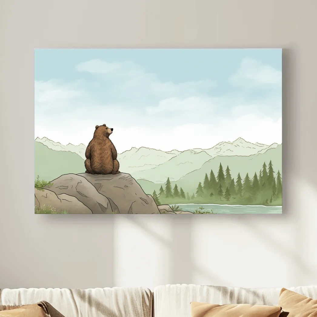 Whimsical Bear Overlooking Mountains - Cute Illustrated Nursery Wall Art