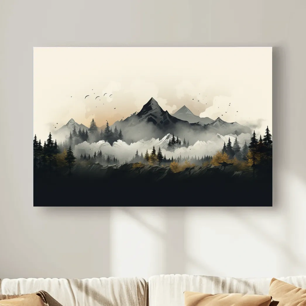 Illustration of treelined mountains