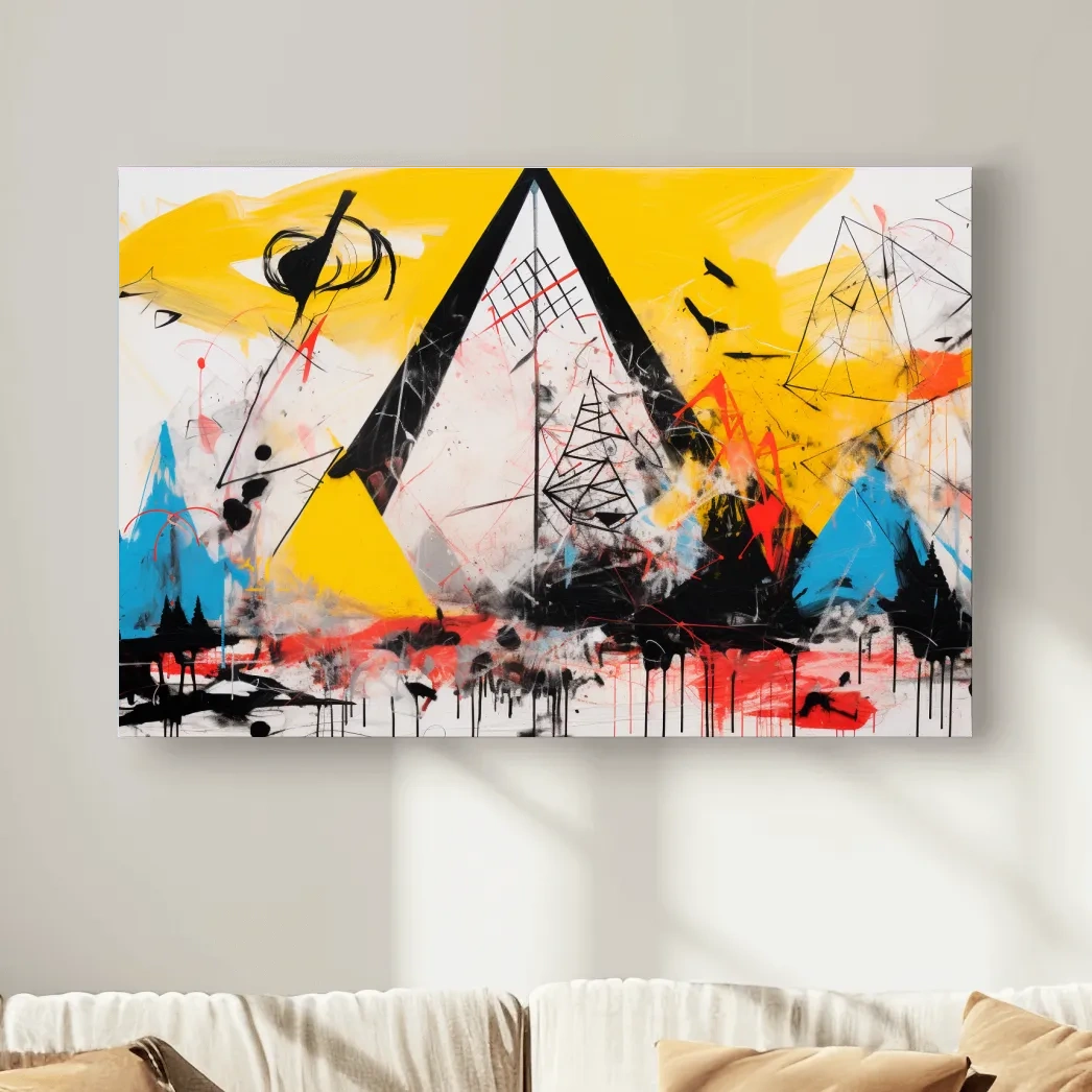 Abstract energetic graffiti style geometric mountain painting