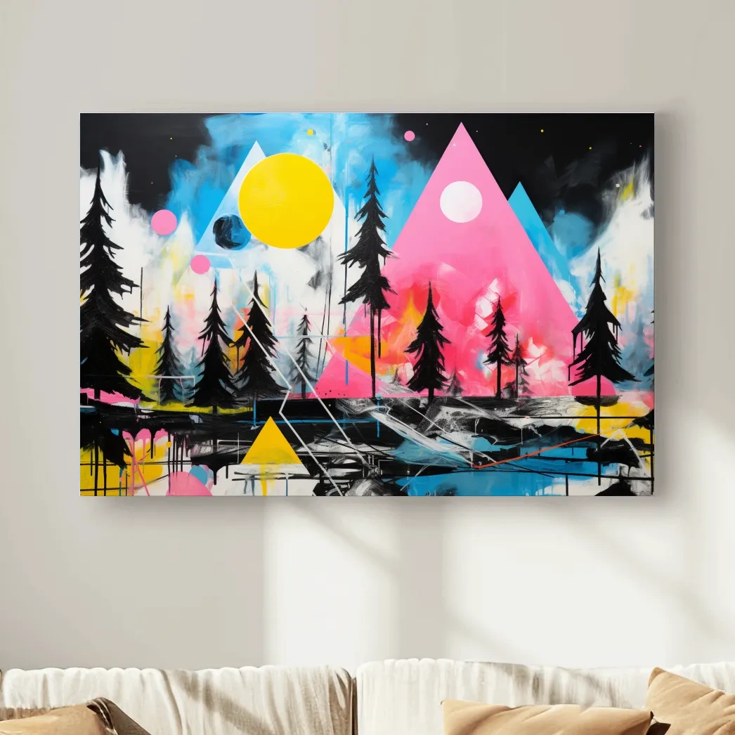 Abstract acrylic painting, mountain shapes and trees