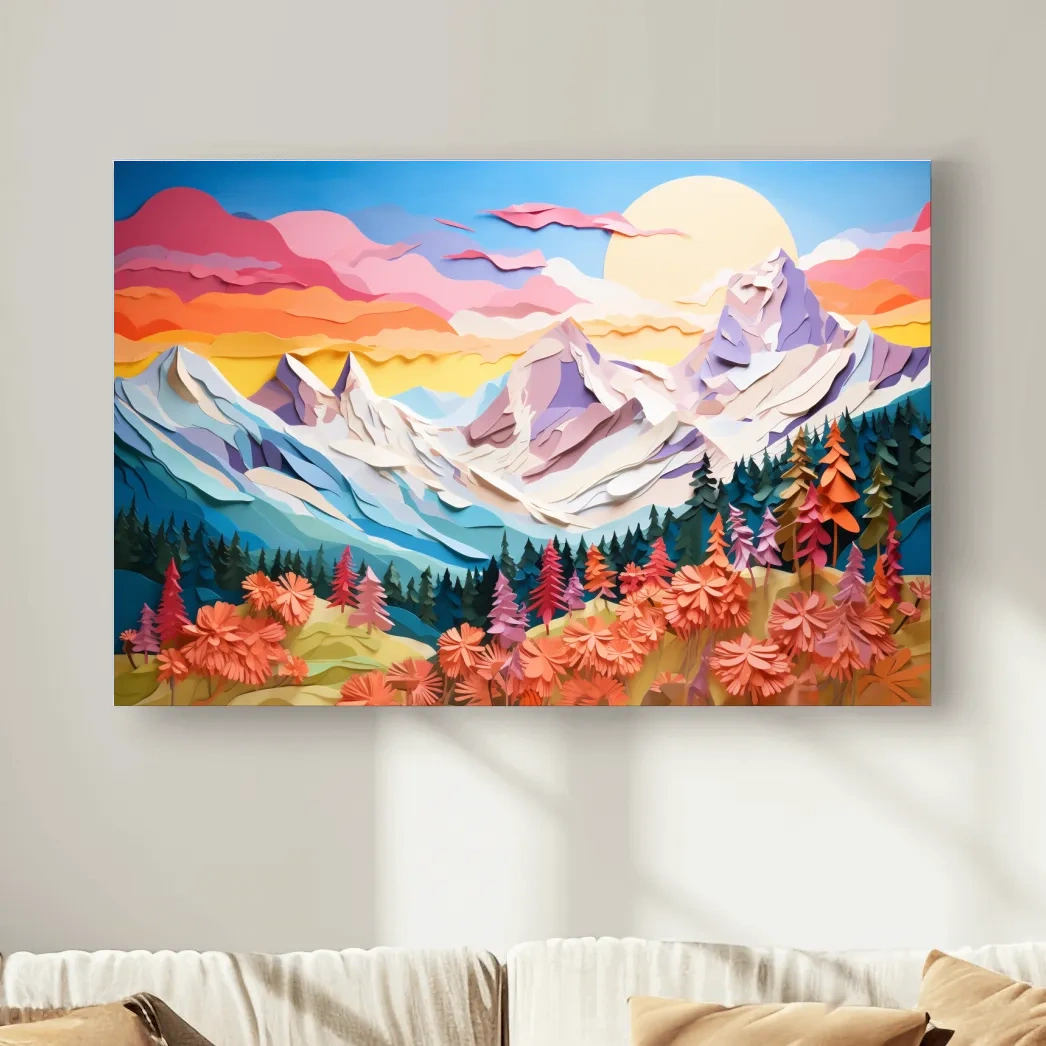 Paper cutout style art of alpine flowers at sunset
