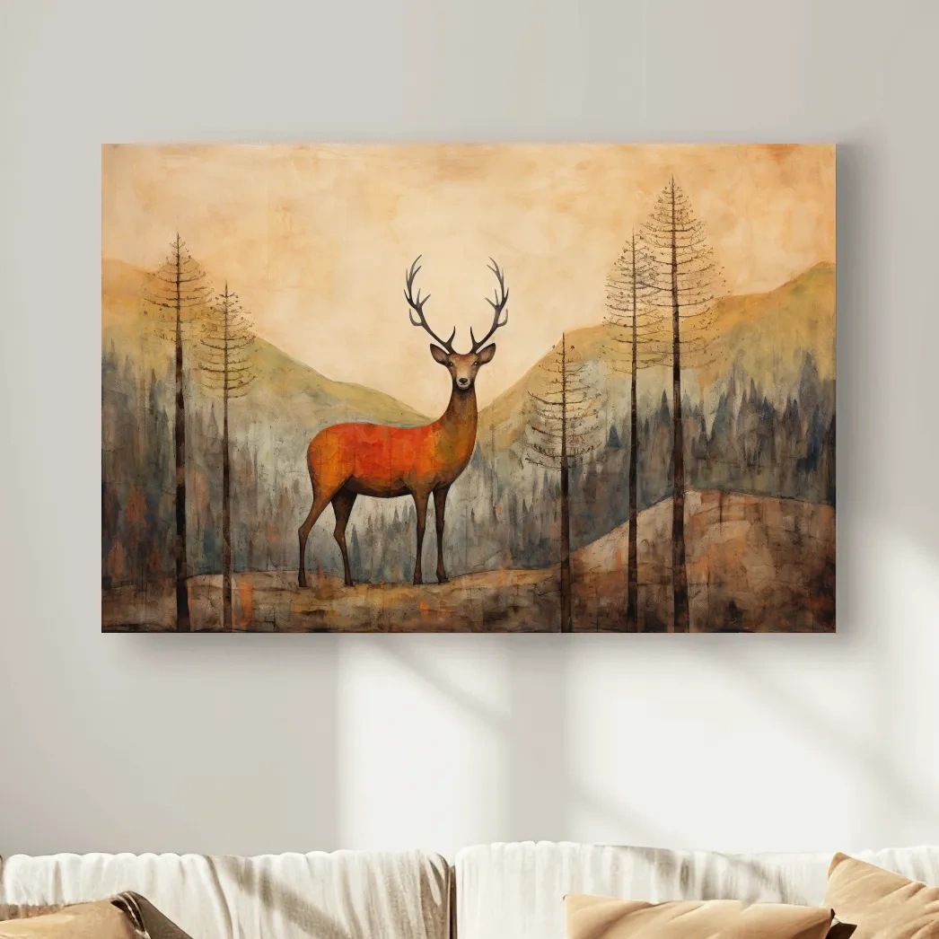 Rustic Woodland Stag Watercolor Painting - Autumn Mountain Forest Wildlife Wall Art