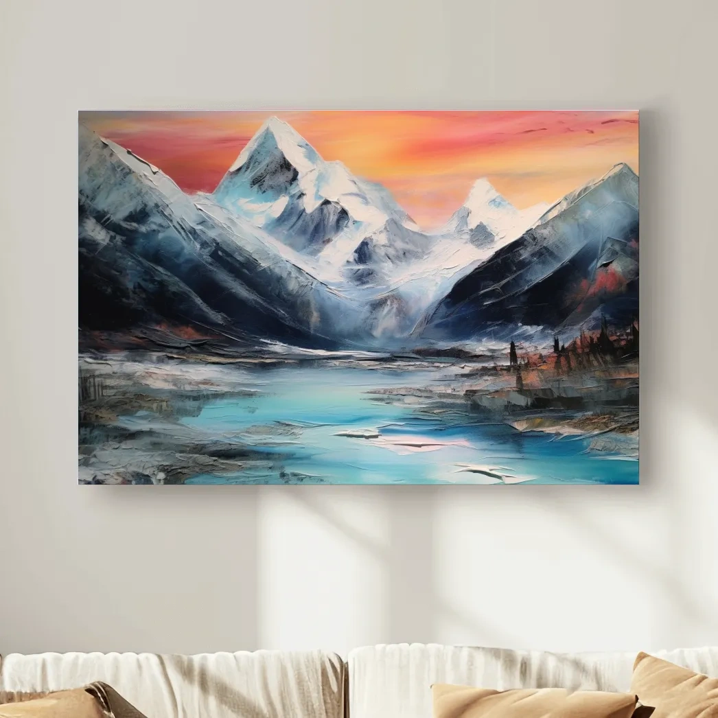 Bold oil painting of a glacier at sunset