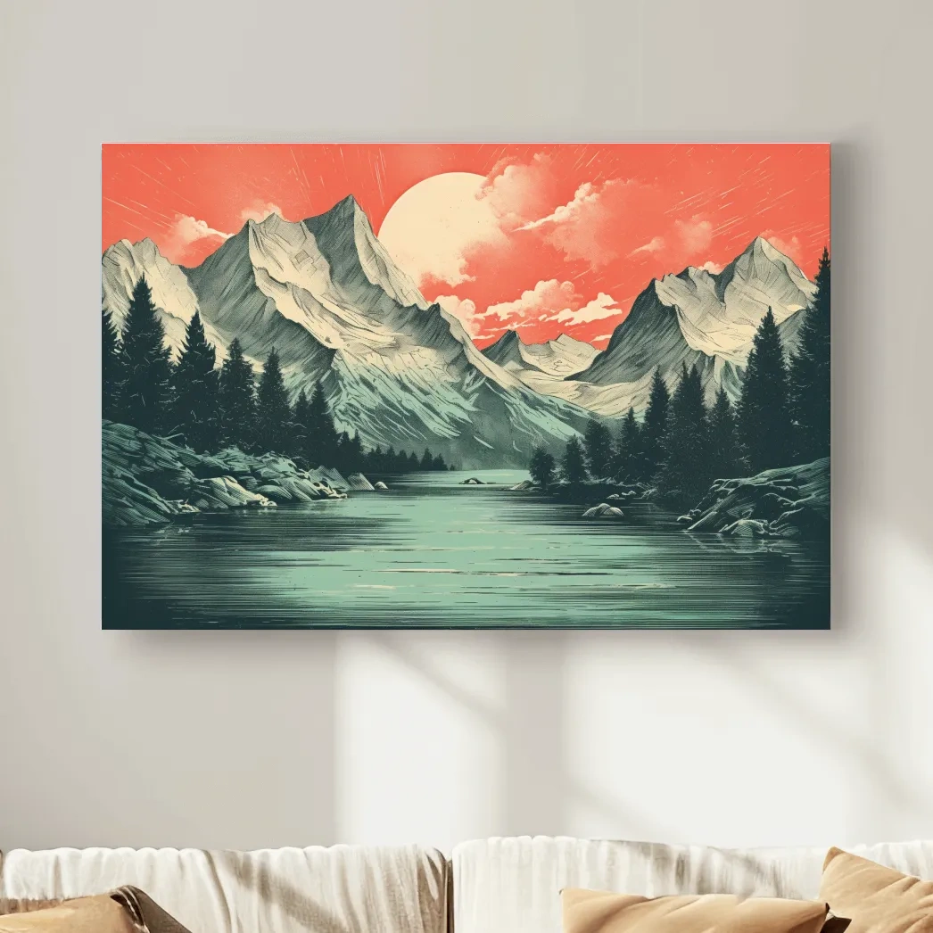 Risograph style illustration of an alpine lake at sunset
