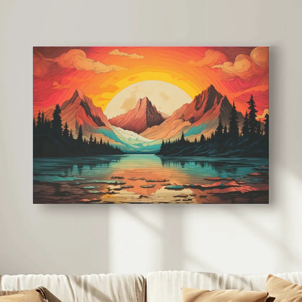 Vibrant Retro Alpine Lake Sunset - Stylized Mountain Wall Art