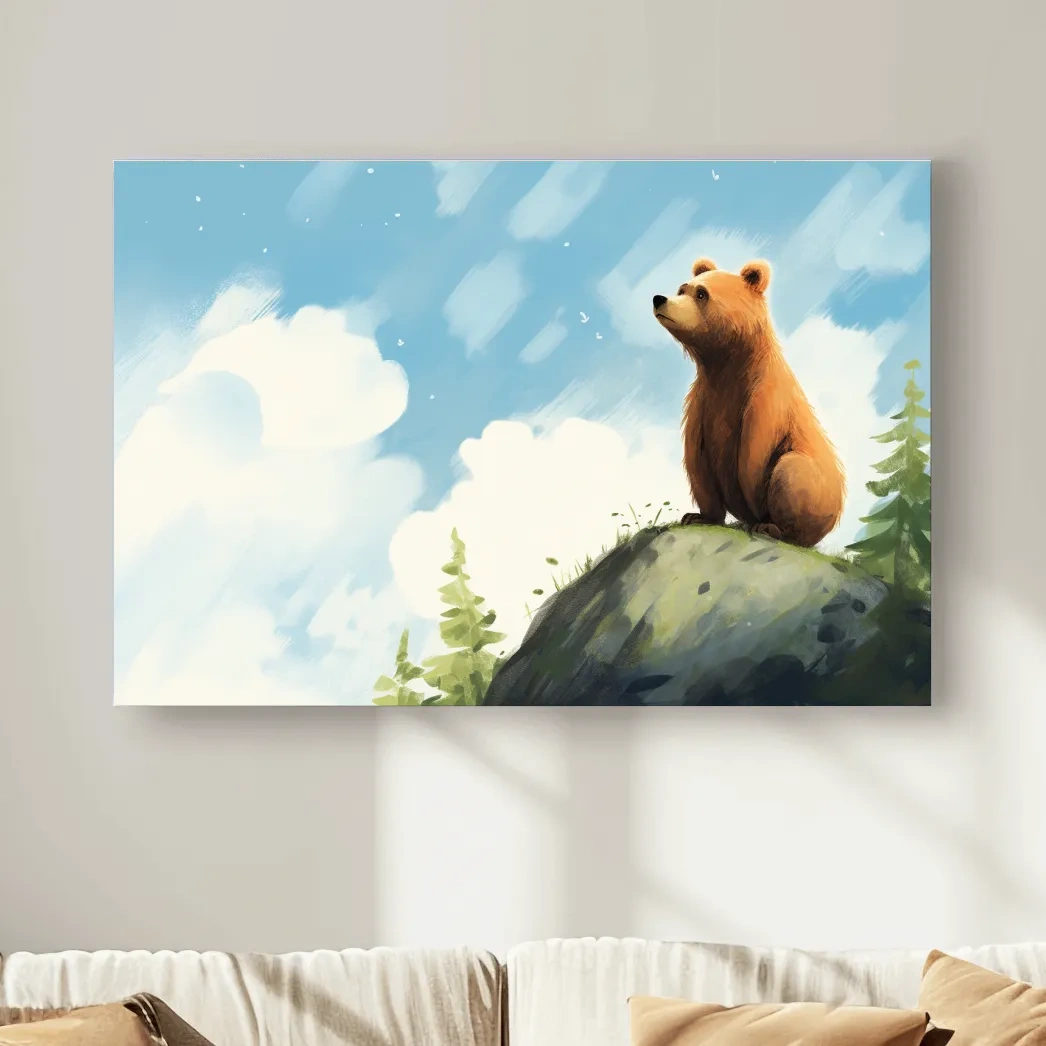 Bright fun painting of a bear gazing into the sky