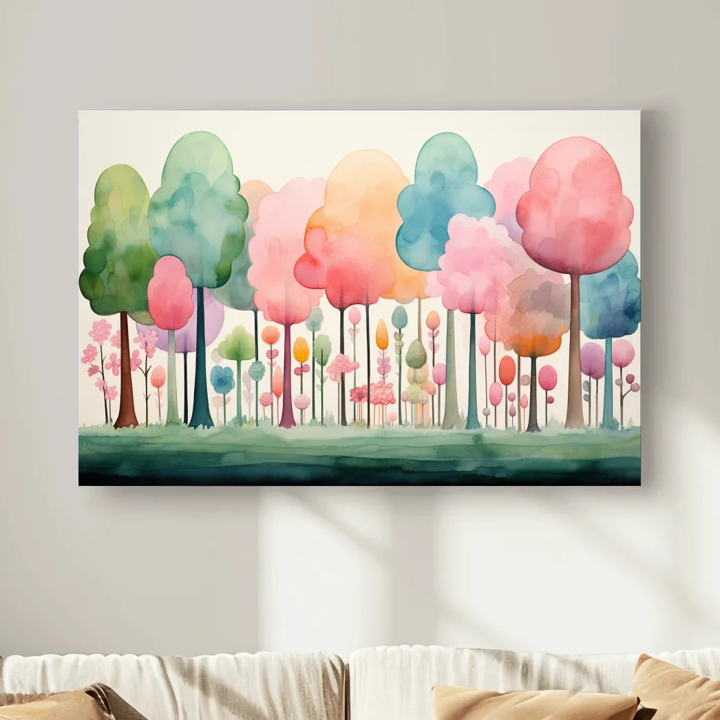 Whimsical Pastel Watercolor Forest - Colorful Nursery Wall Art