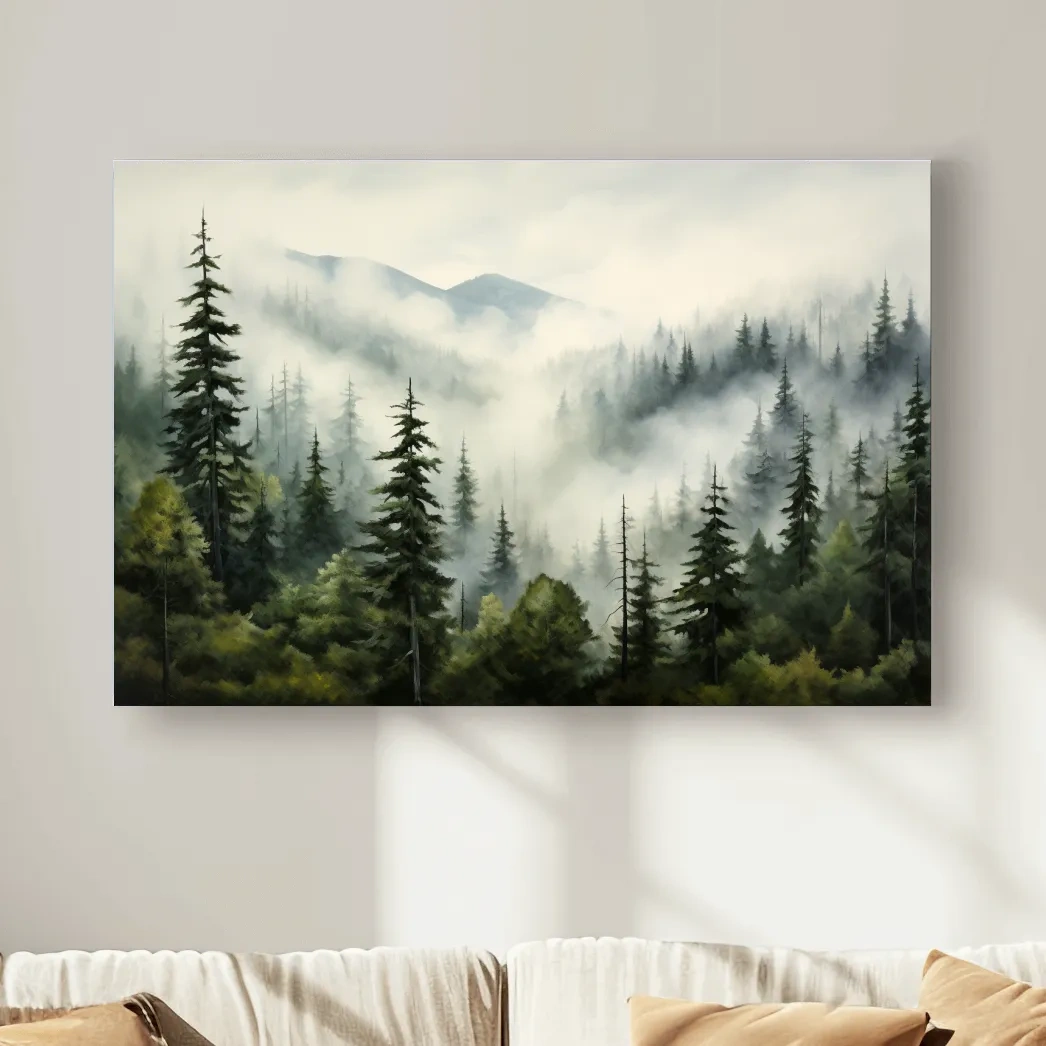 Painting of morning fog rolling through the forest