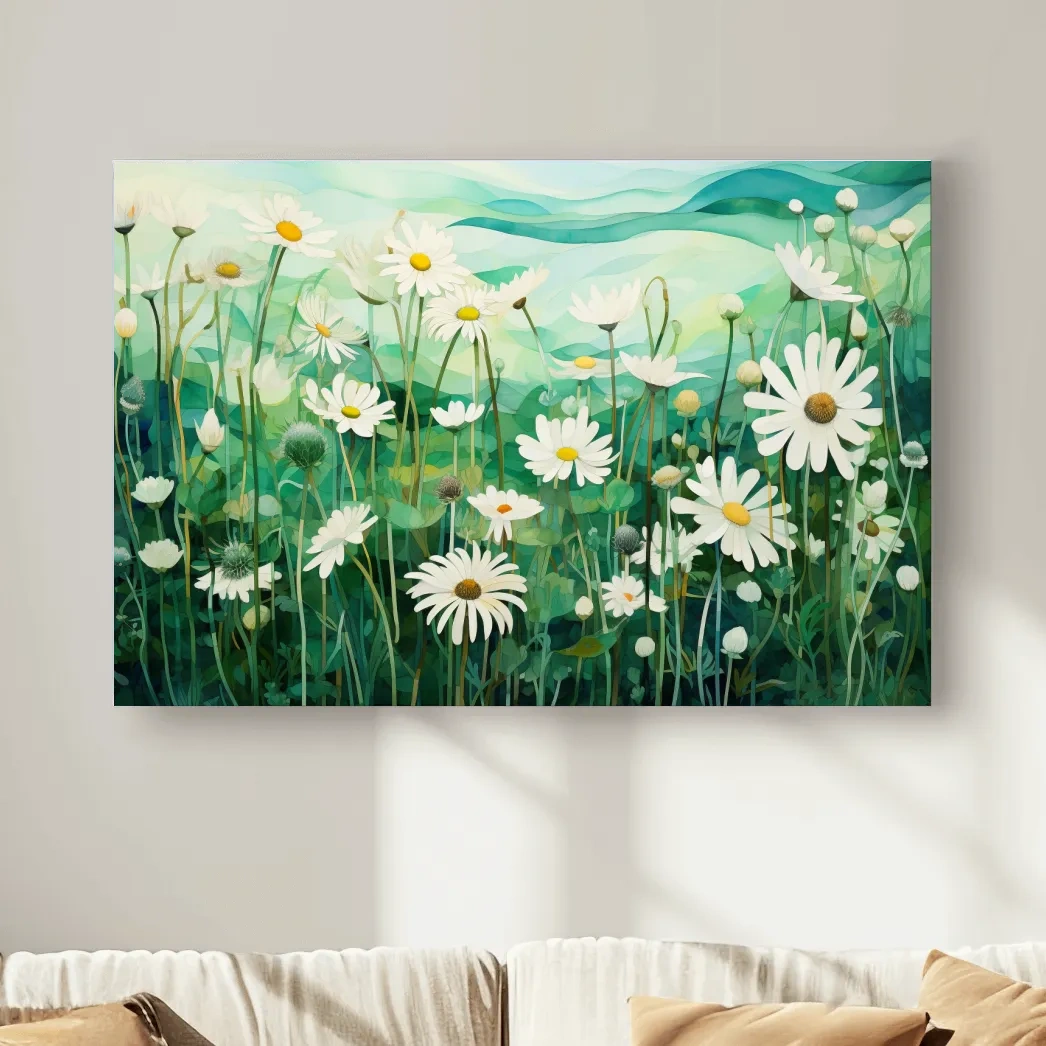 Whimsical Wild Daisy Meadow Landscape - Botanical Watercolor Style Wall Art