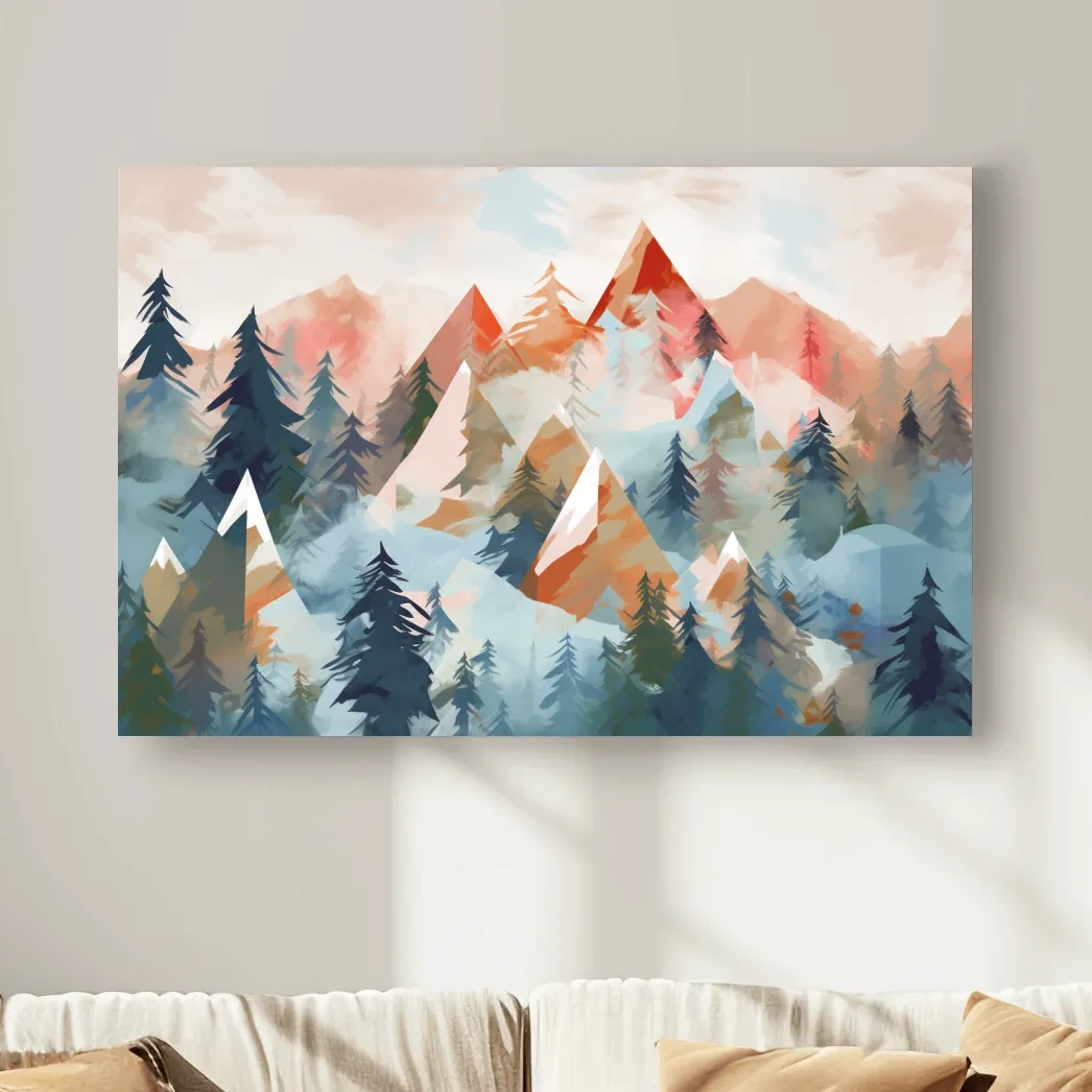Abstract Watercolor Alpine Mountains And Pine Forest - Modern Geometric Landscape Wall Art