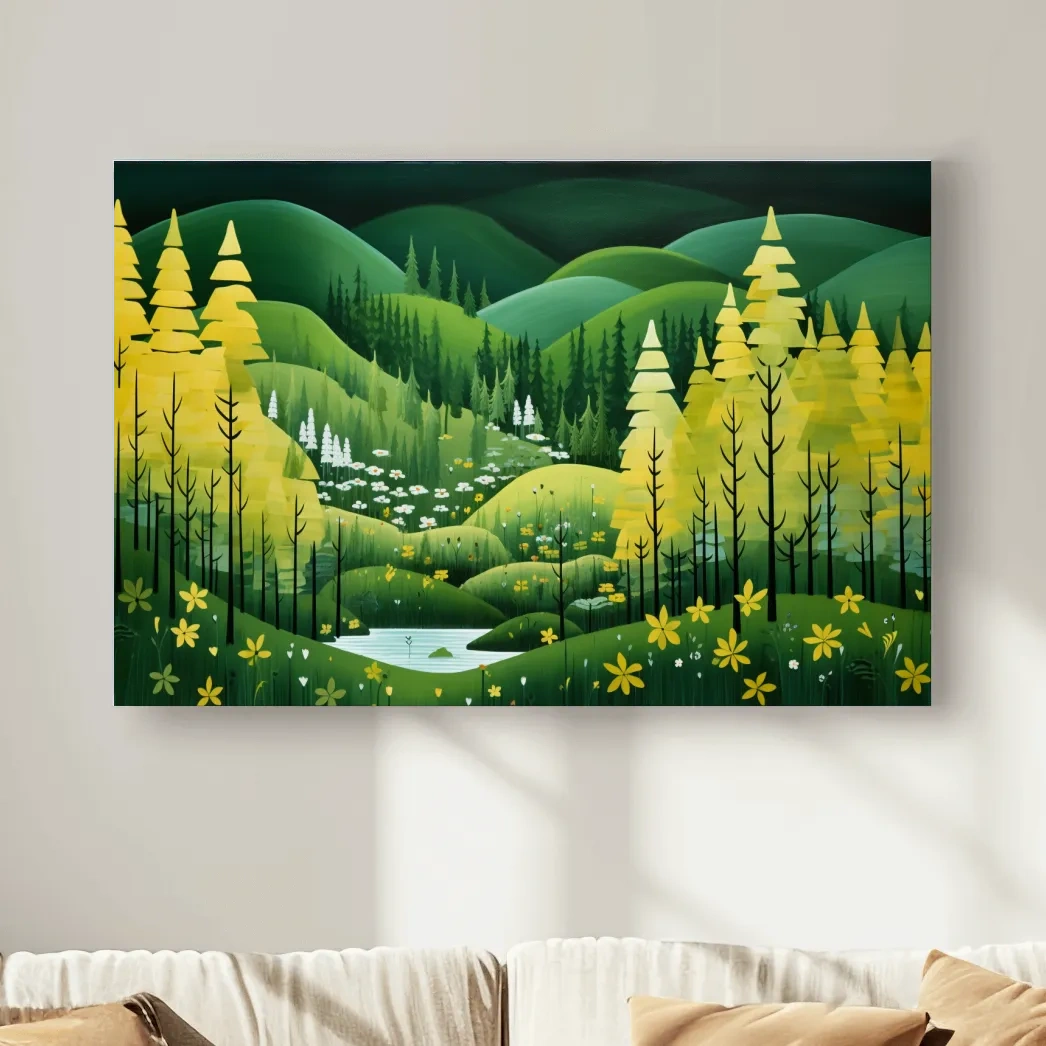 Painting of a pine autumn forest and rolling green hills