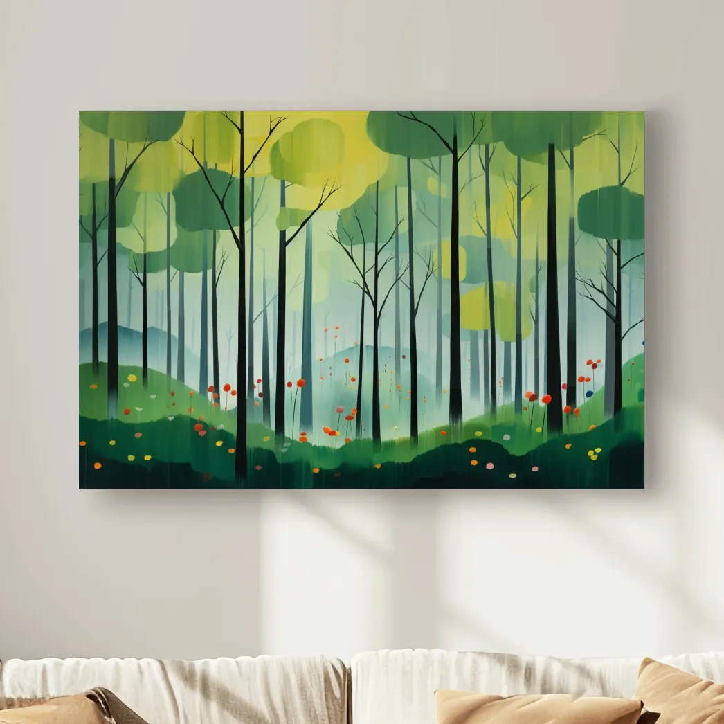 Whimsical Misty Forest Grove Illustration - Woodland Landscape Wall Art