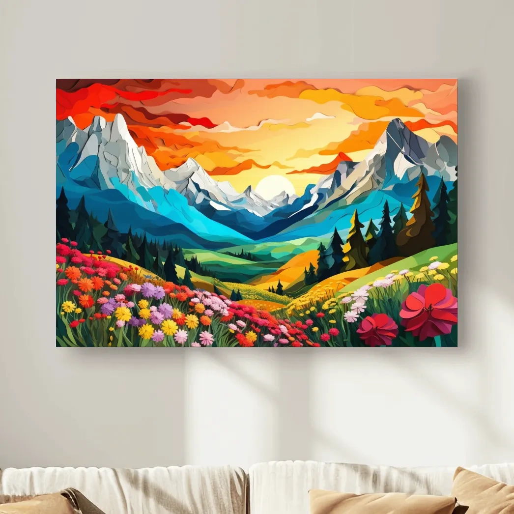 Vibrant paper cutout style art of an alpine meadow at sunset