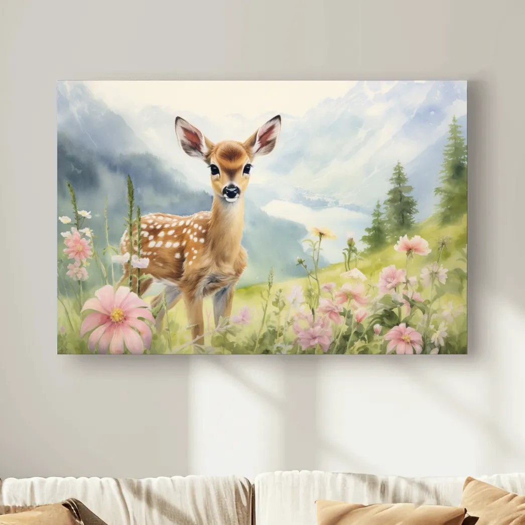Painting of a deer fawn in the alpine meadows