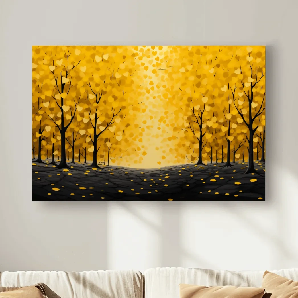 Golden Autumn Forest Canopy Painting - Warm Love Heart Wall Art