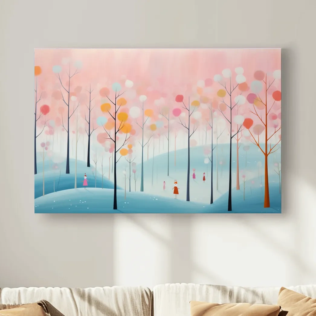 Quirky illustration artwork of a pastel forest