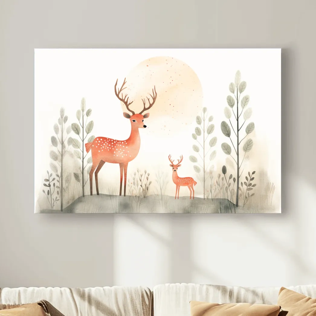 Storybook childrens illustration art, cute deer family in the forest, nursery wall art