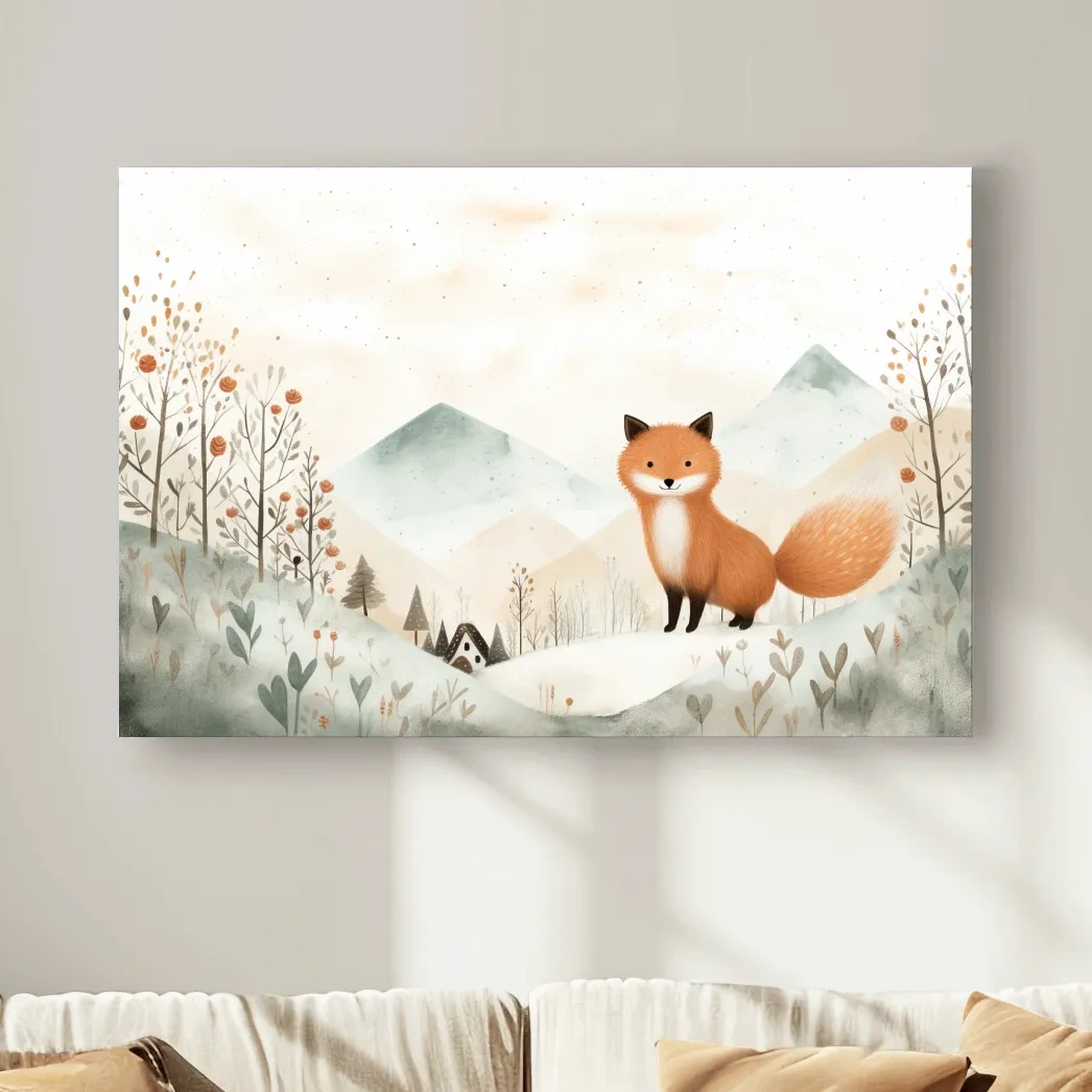 Cute happy fox in the mountains, childrens storybook illustration artwork