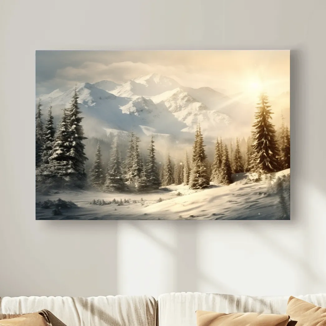 Golden Sunrise Snowy Mountain Landscape - Serene Winter Pine Forest Wall Art