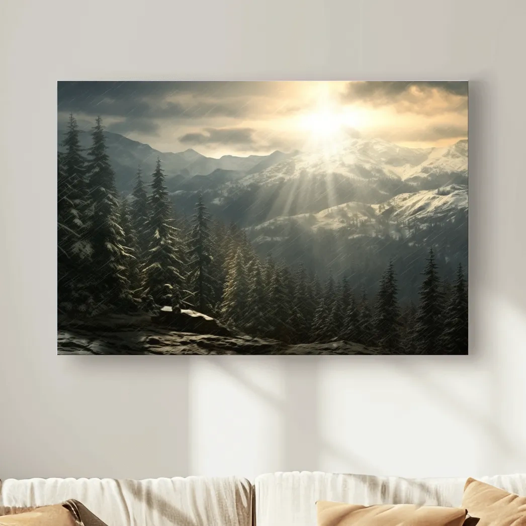 Sunset snowstorm, realistic snow mountain painting