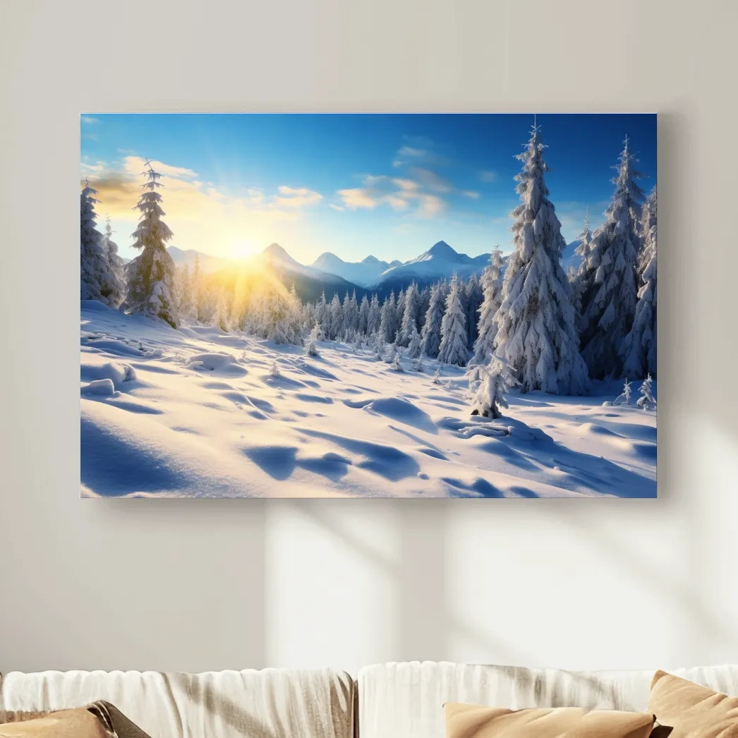 Sunshine on the alpine snow forest, photography art