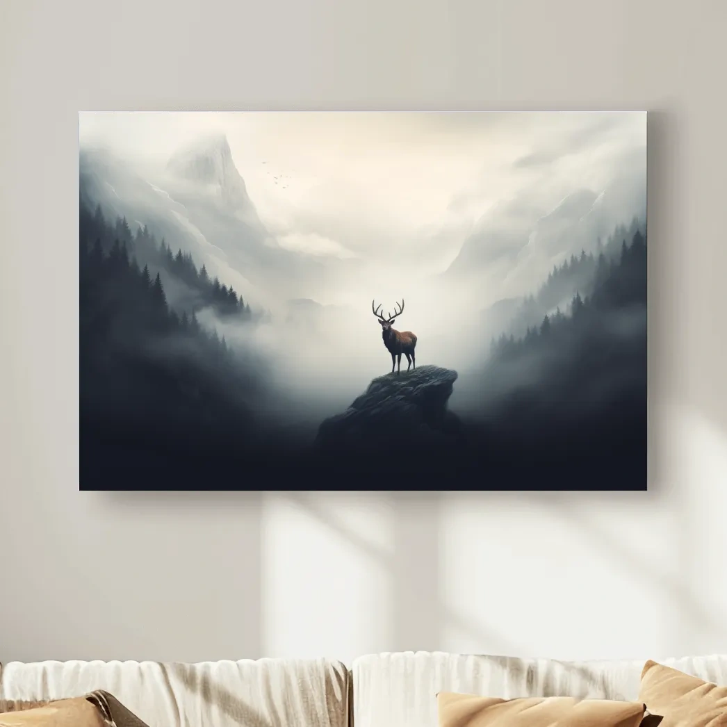 Painting of a majestic deer standing in the fog