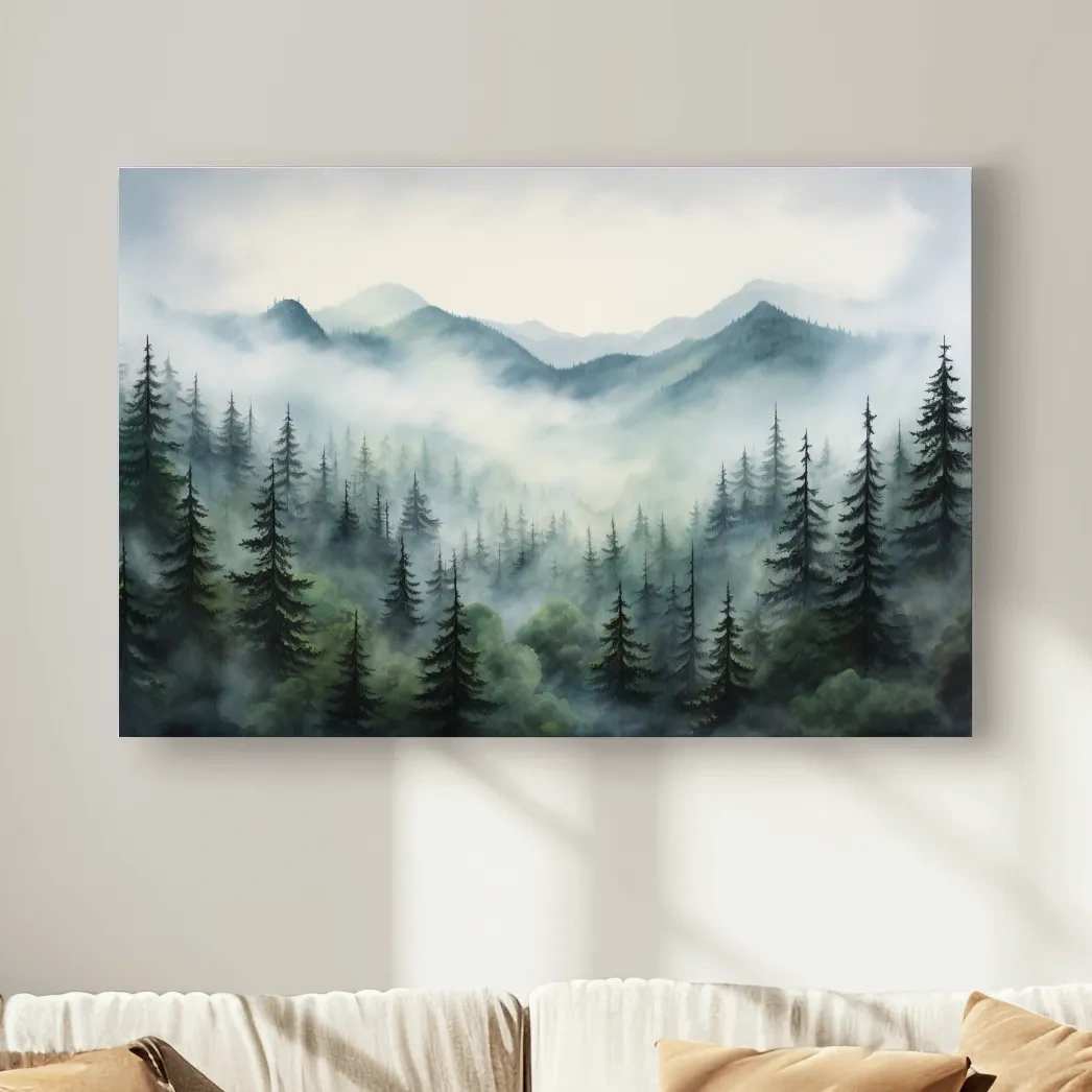 Painting of fog rolling through the trees and mountains