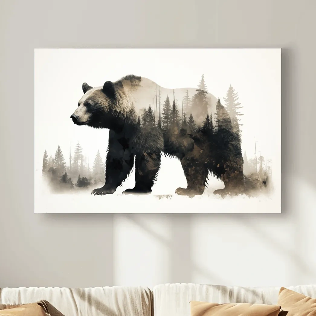 Double exposure artwork, a grizzly bear and a forest