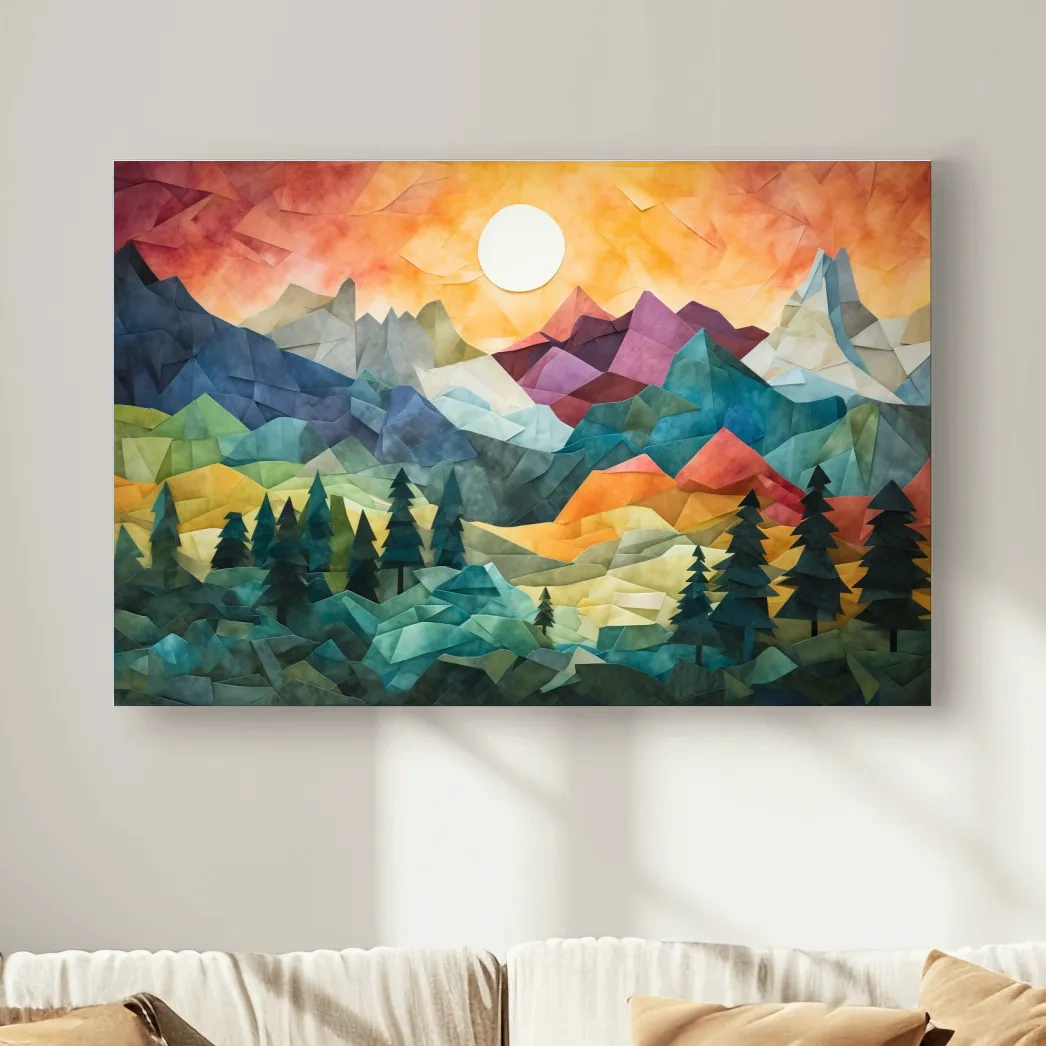 Abstract alpine mountain art at sunset, mixed media patchwork style