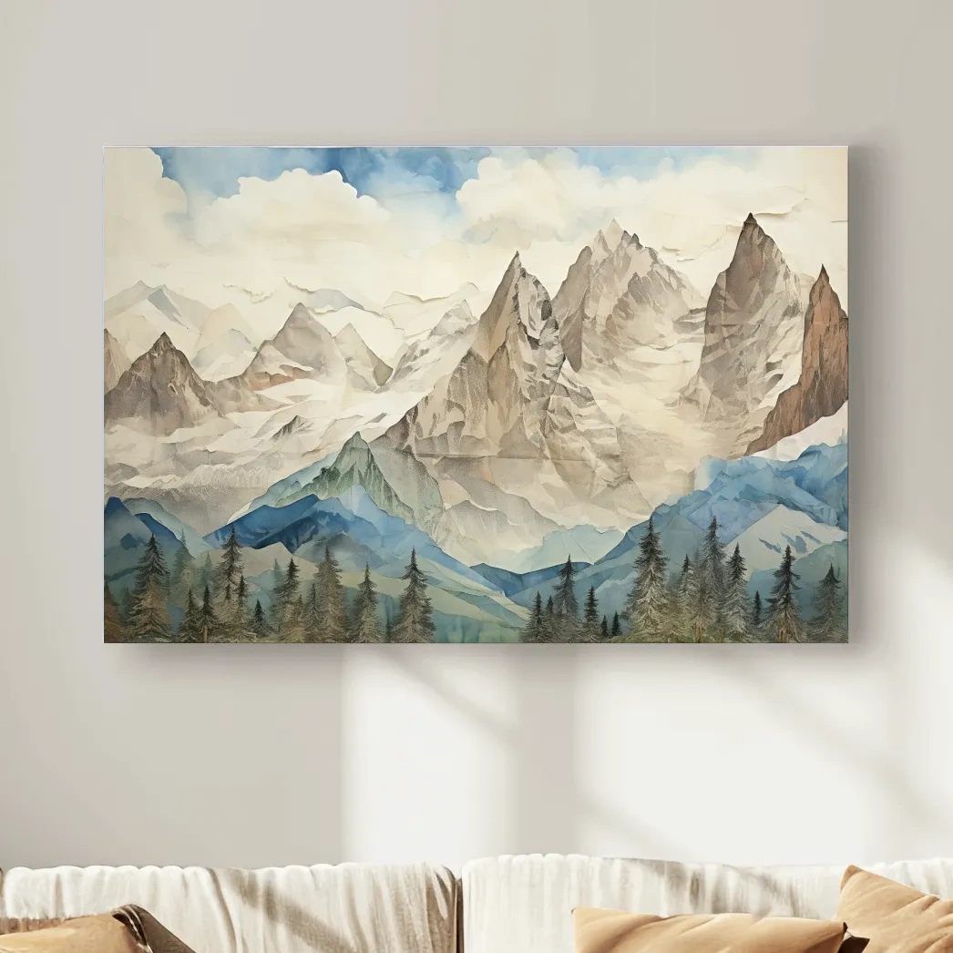 Misty Paper Cut-out Alpine Mountain Range - Serene Forest Landscape Wall Art
