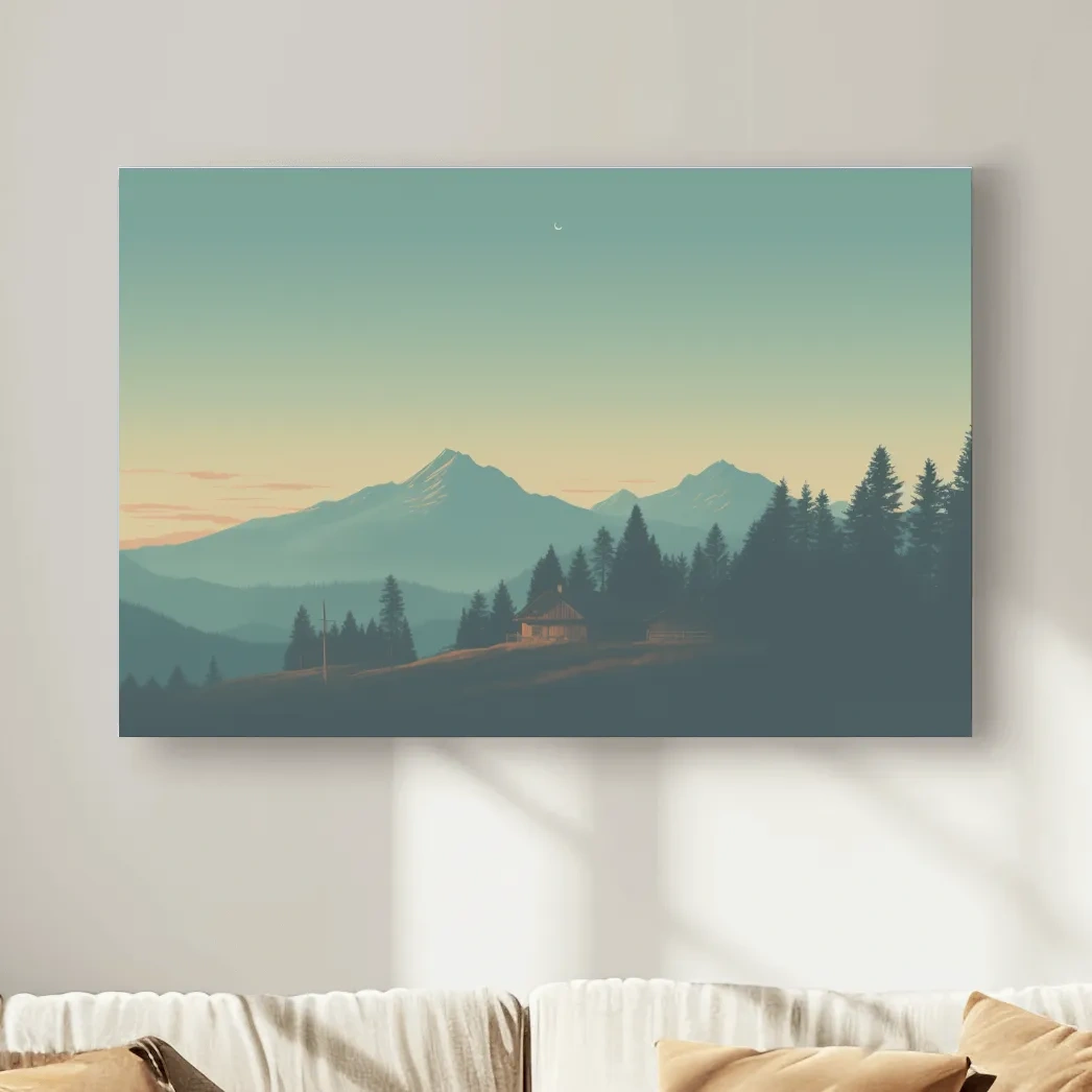 Mountain cabin in the hazy dusk, postcard style art
