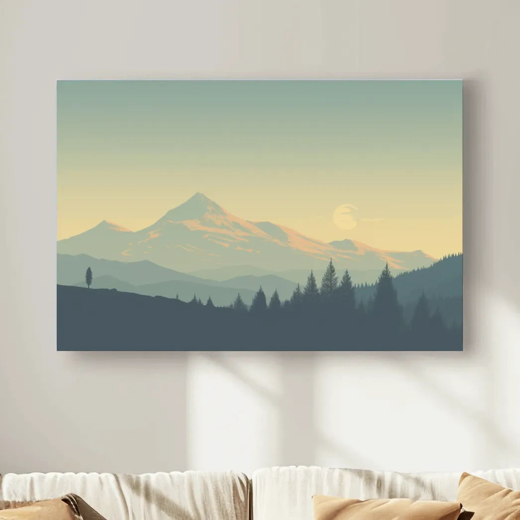 Minimalist Misty Mountain Sunrise Landscape - Serene Alpine Forest Wall Art