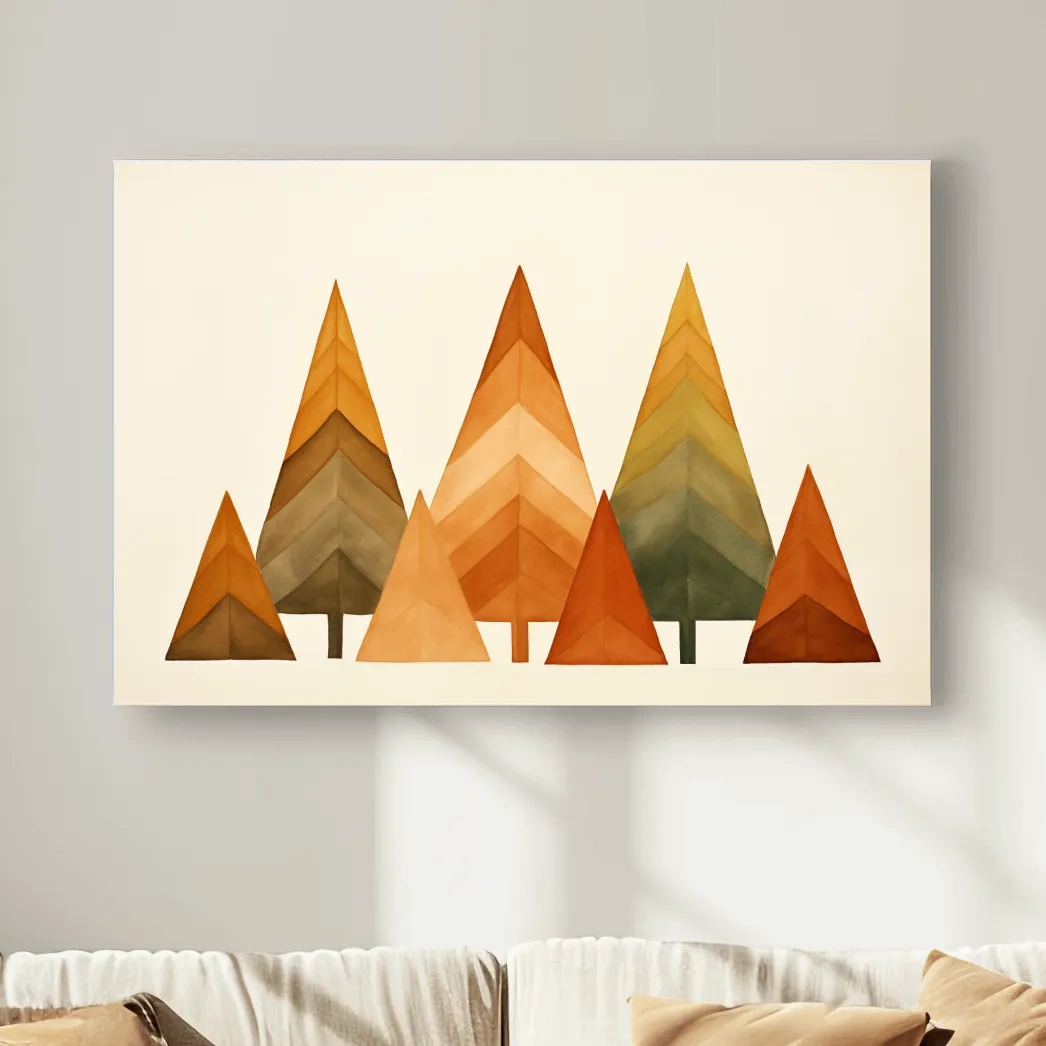 Bohemian style art, minimal forest, triangular trees