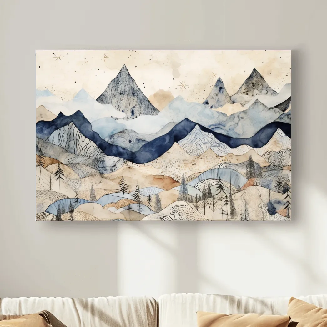 Patchwork Watercolor Mountain Range - Modern Alpine Landscape Wall Art