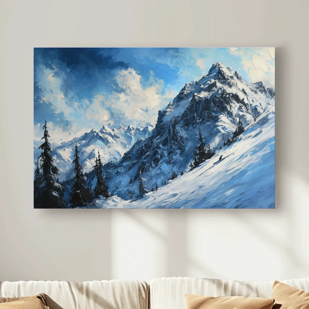 Textured oil painting of alpine snowy mountain