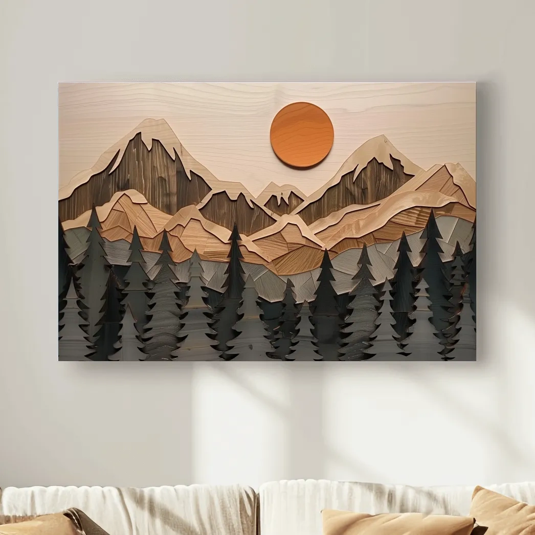 Rustic Geometric Wood Grain Mountain Sunrise - Pine Forest Landscape Wall Art
