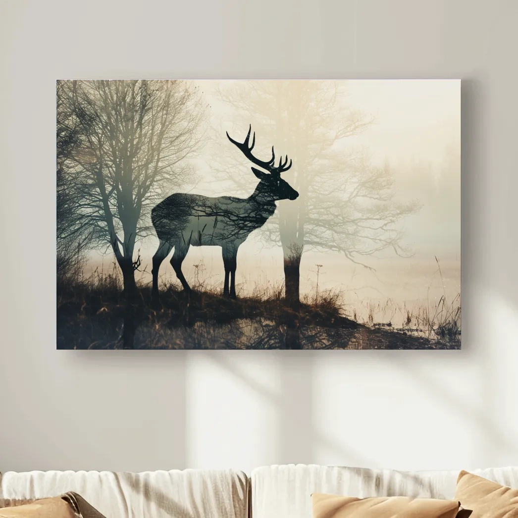 Misty Deer Silhouette Forest Landscape - Double Exposure Wildlife Photography Wall Art