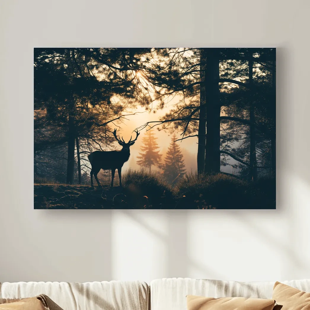 Photograph of a deer silhouette in the forest at sunset