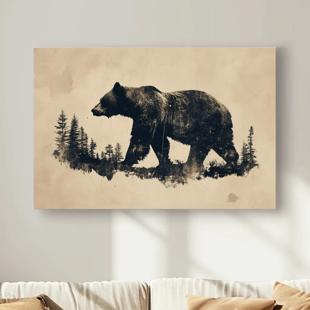 Grizzly bear artwork print, vintage style silhouette