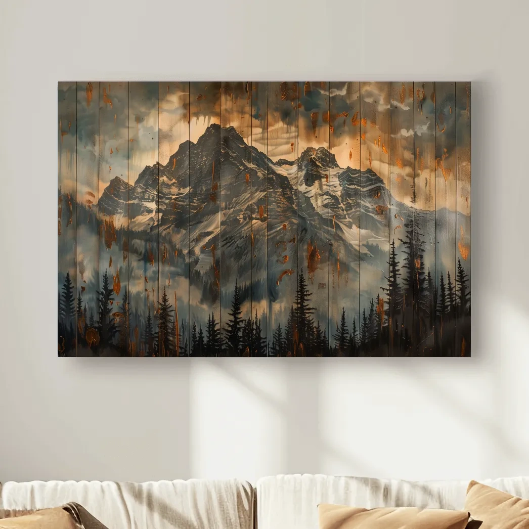 Mountain range wall art, rustic wood panel effect, wood burning style cabin art
