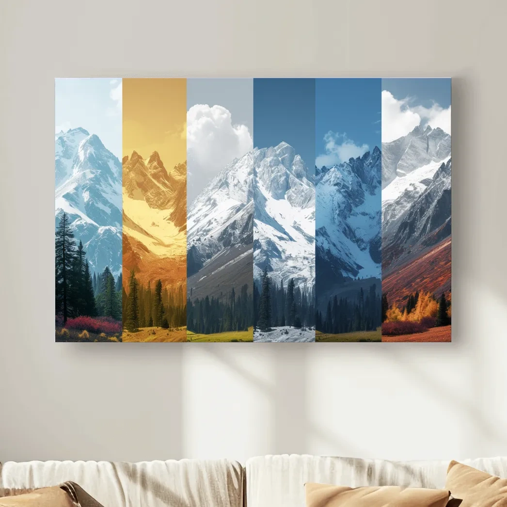 Alpine mountain artwork, forest and glacier, split panel changing of seasons inspired