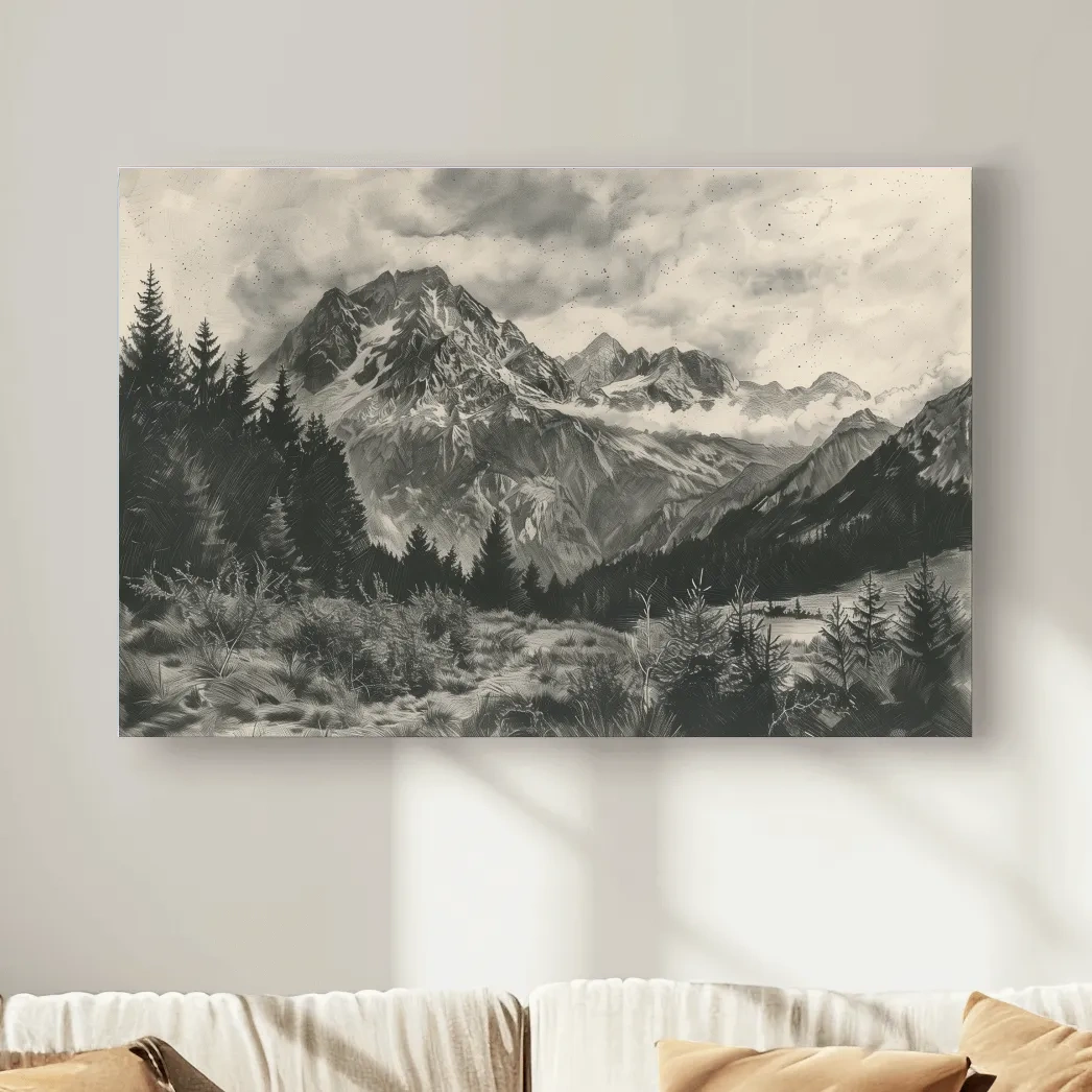 Monochrome Alpine Meadows Mountain Range - Vintage Sketch Landscape Wall Art