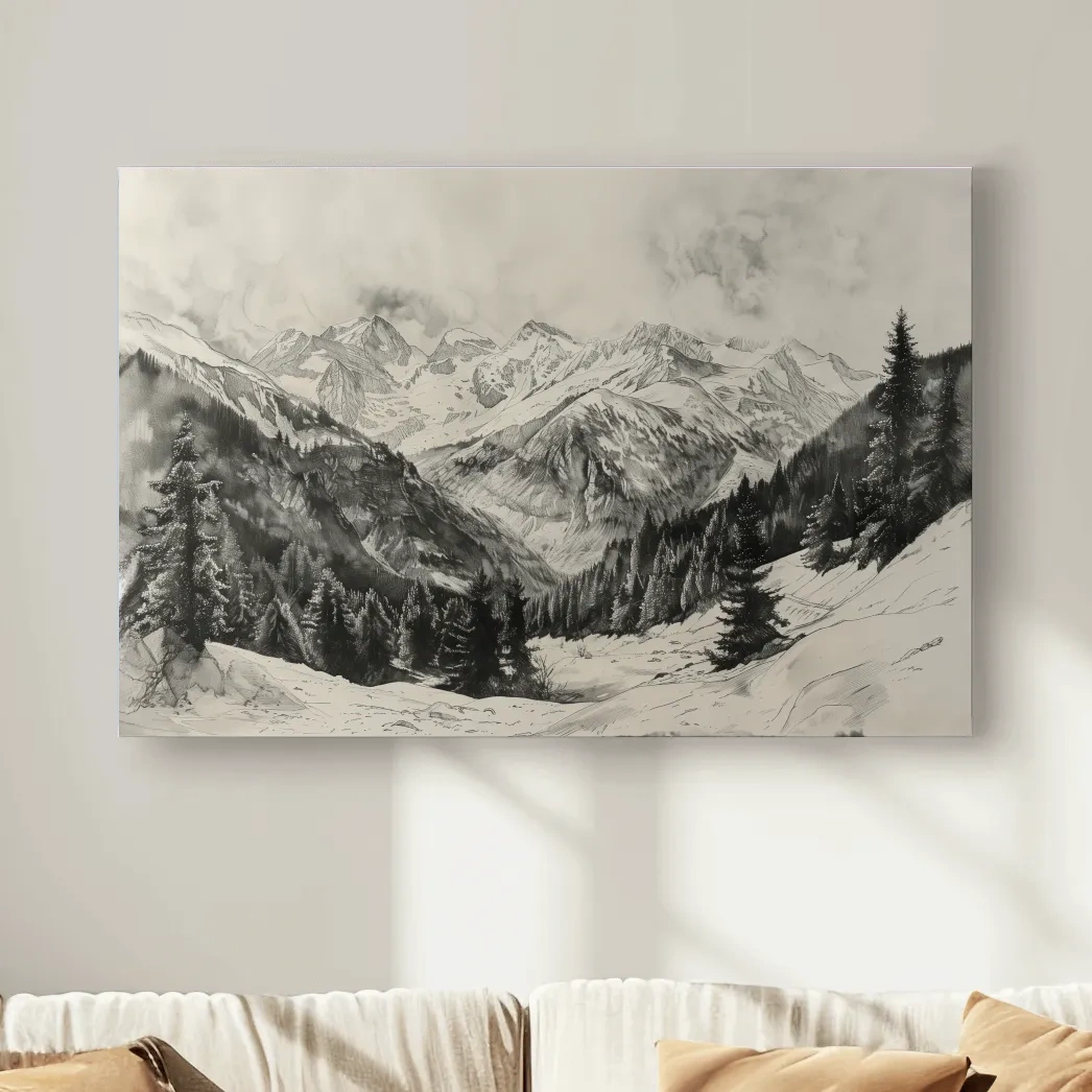 Lead pencil drawing, alpine forest and glacier mountain artwork
