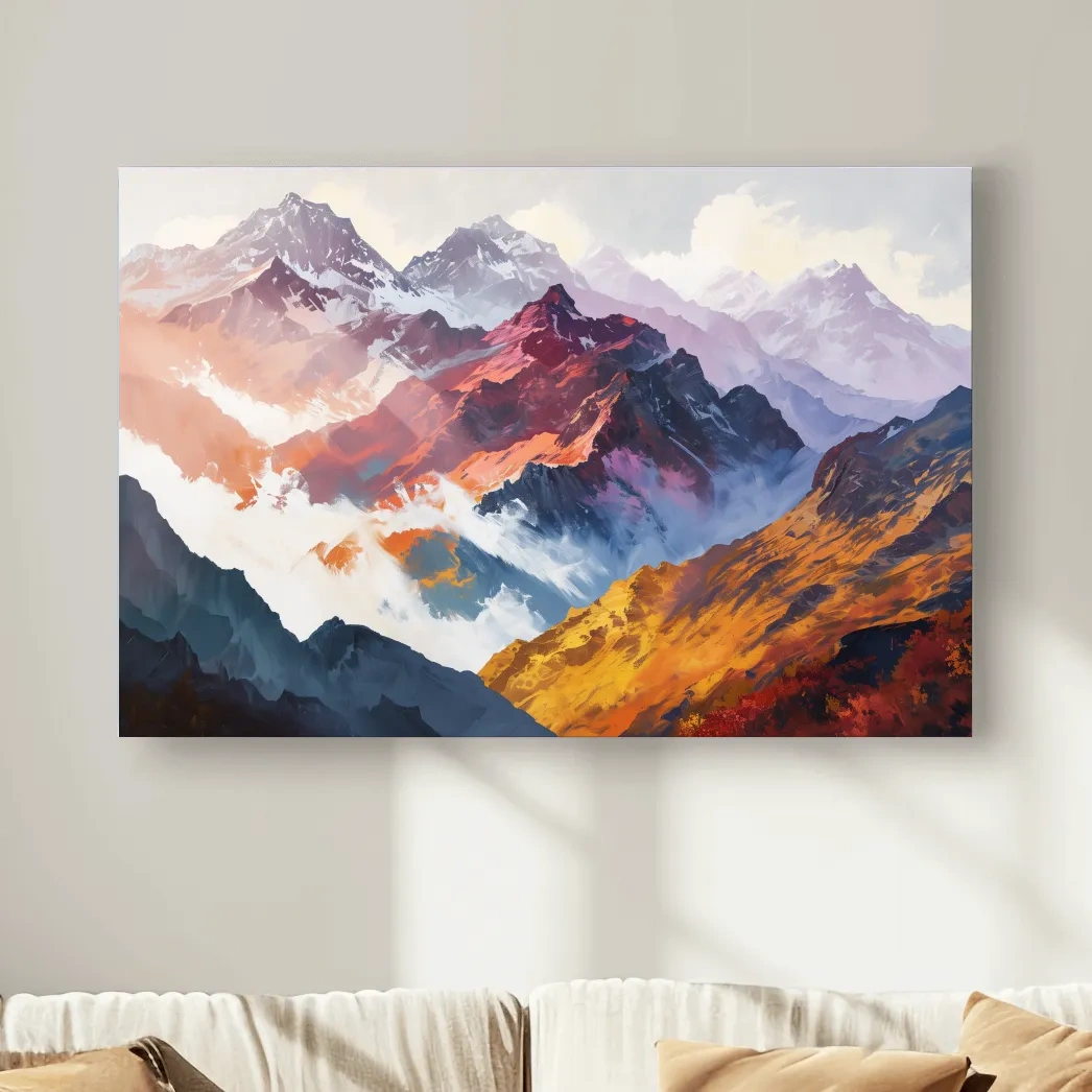 Impressionism style painting, abstract mountain ranges in fall