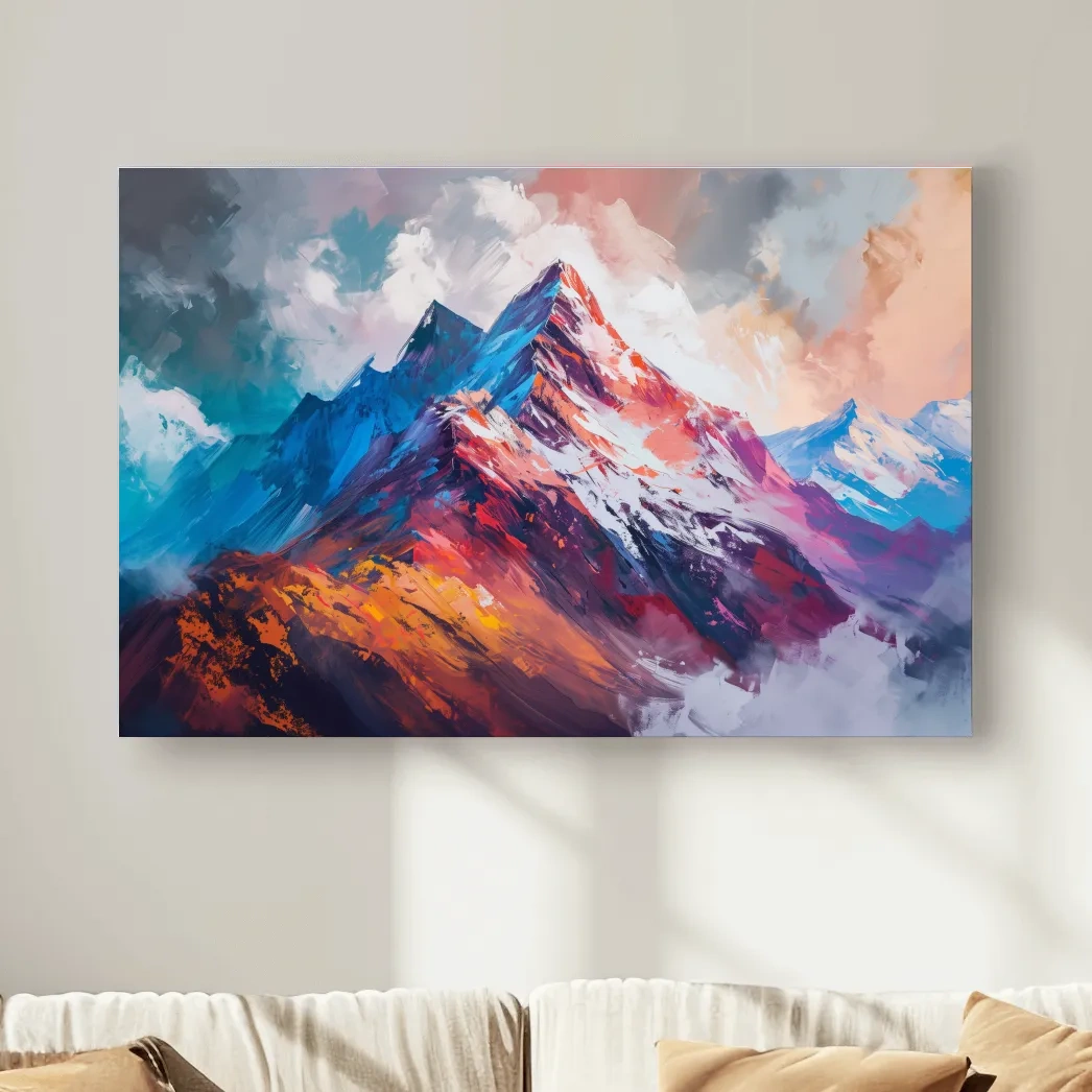 Vibrant impressionism style textured mountain painting artwork