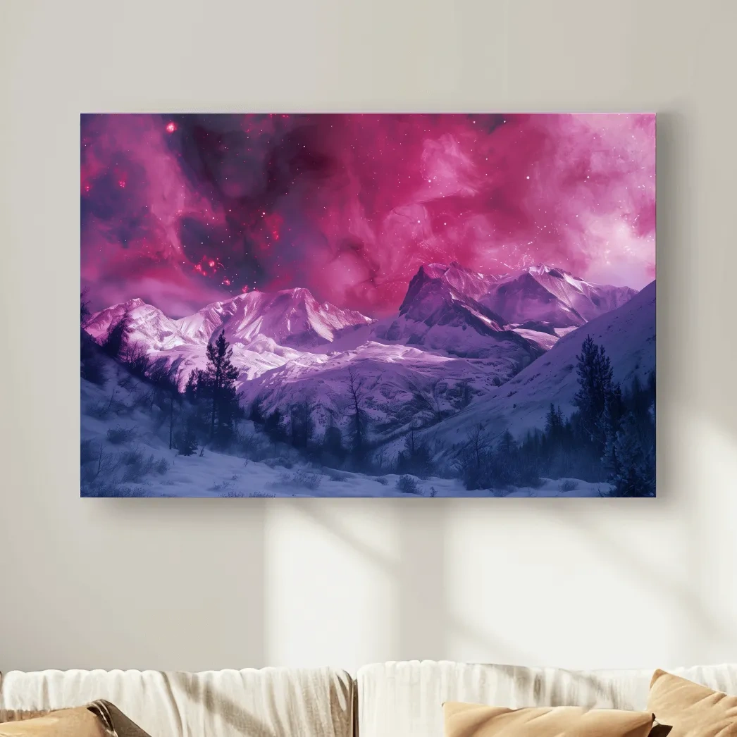 Surreal Nebula Galaxy Alpine Glacier Landscape - Cosmic Winter Night Sky Wall Art