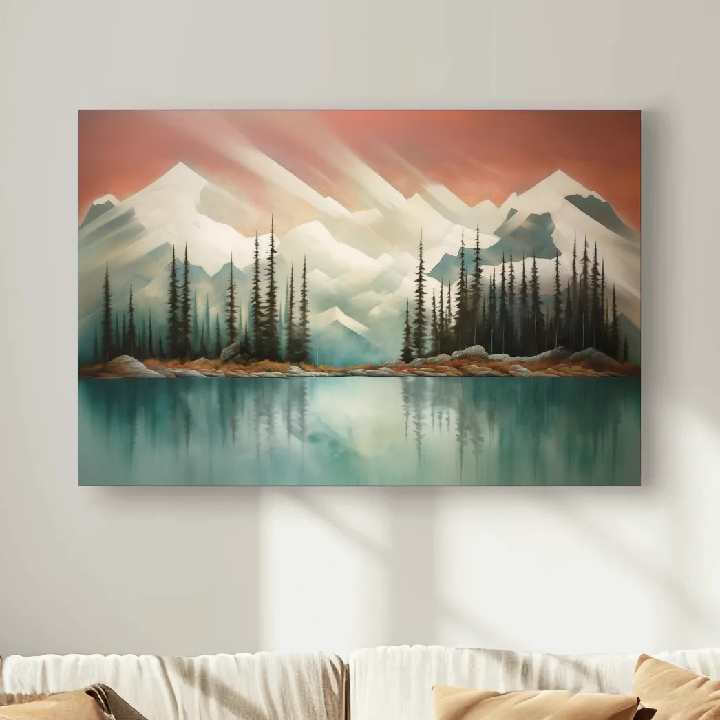 Abstract Alpine Lake Landscape Painting - Serene Pine Forest Mountain Wall Art