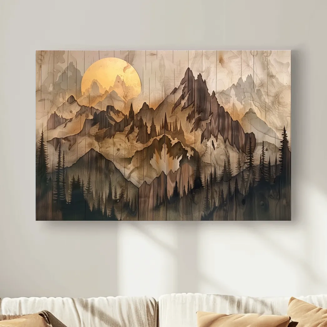 Rustic Sepia Mountain Sunrise Landscape - Vintage Wood Grain Watercolor Artwork