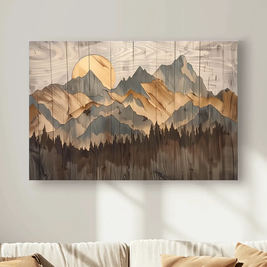 Rustic mountain artwork, painting on wood panel effect